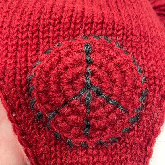 Nirvanna Designs Wool Hat Handmade in Nepal Mohawk Red Stitched Peace Sign - Picture 4 of 4